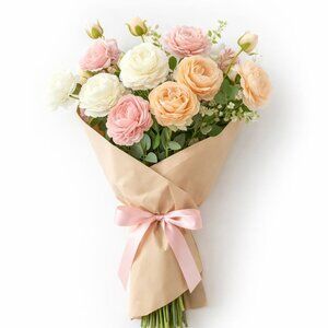 White Pink Peach Artificial Roses Gift Bouquet Wrapped Real Touch Rose Stems 26